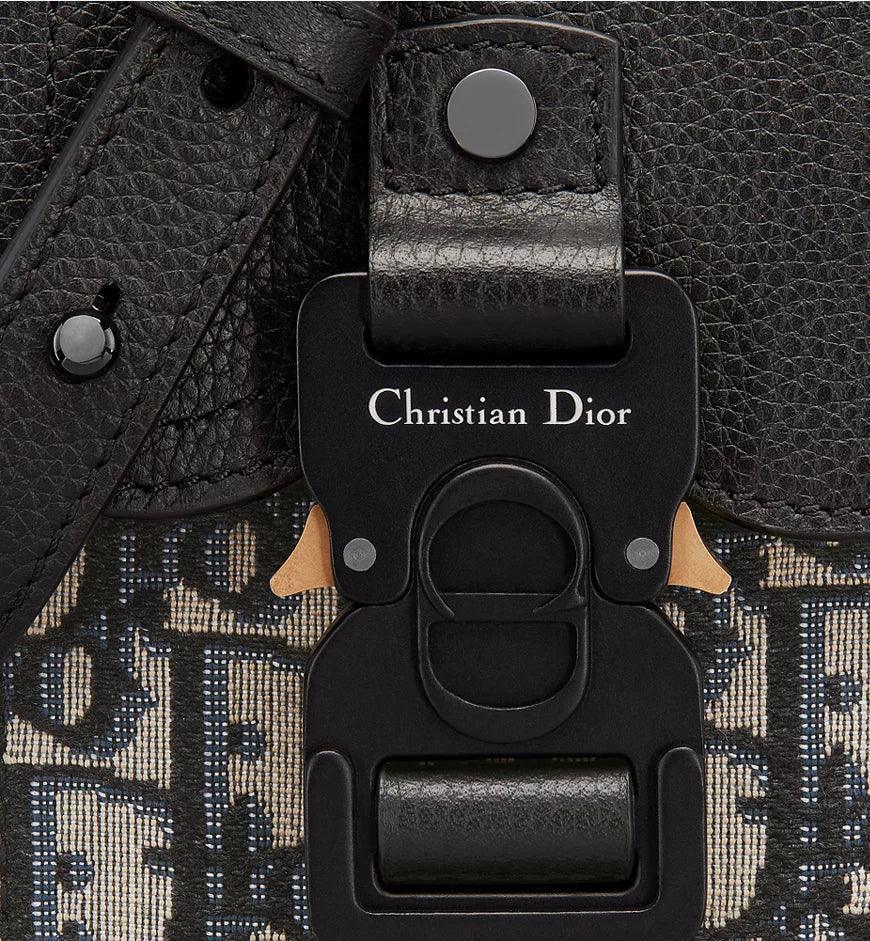 Saddle Vertical Pouch with Strap Beige and Black Dior Oblique Jacquard with Black Grained Calfskin