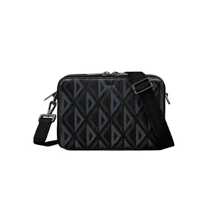 Christian Dior Zipped Pouch with Strap Black Coated Cotton Canvas with CD Diamond Print