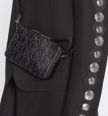 Christian Dior Zipped Pouch with Strap Black Coated Cotton Canvas with CD Diamond Print