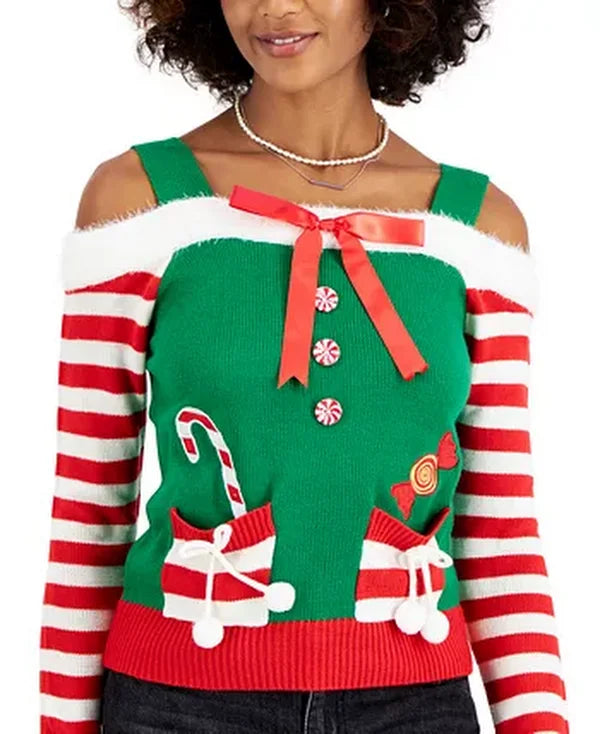 Planet Gold Juniors Cold-Shoulder Holiday Sweater, Size 2X