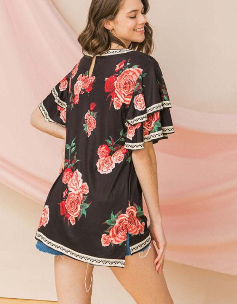 Tiered Ruffle Sleeve Floral Print Top
