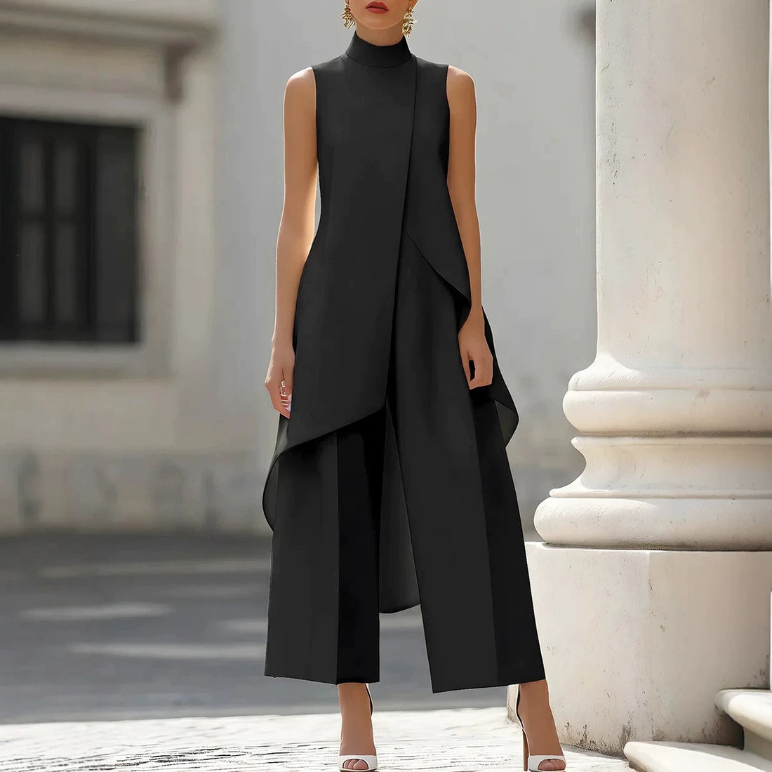 Sleeveless layered wide-leg pants