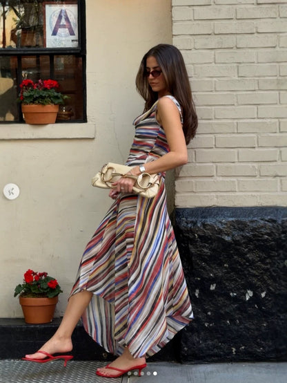 Retro Striped Spaghetti Strap Midi Dress