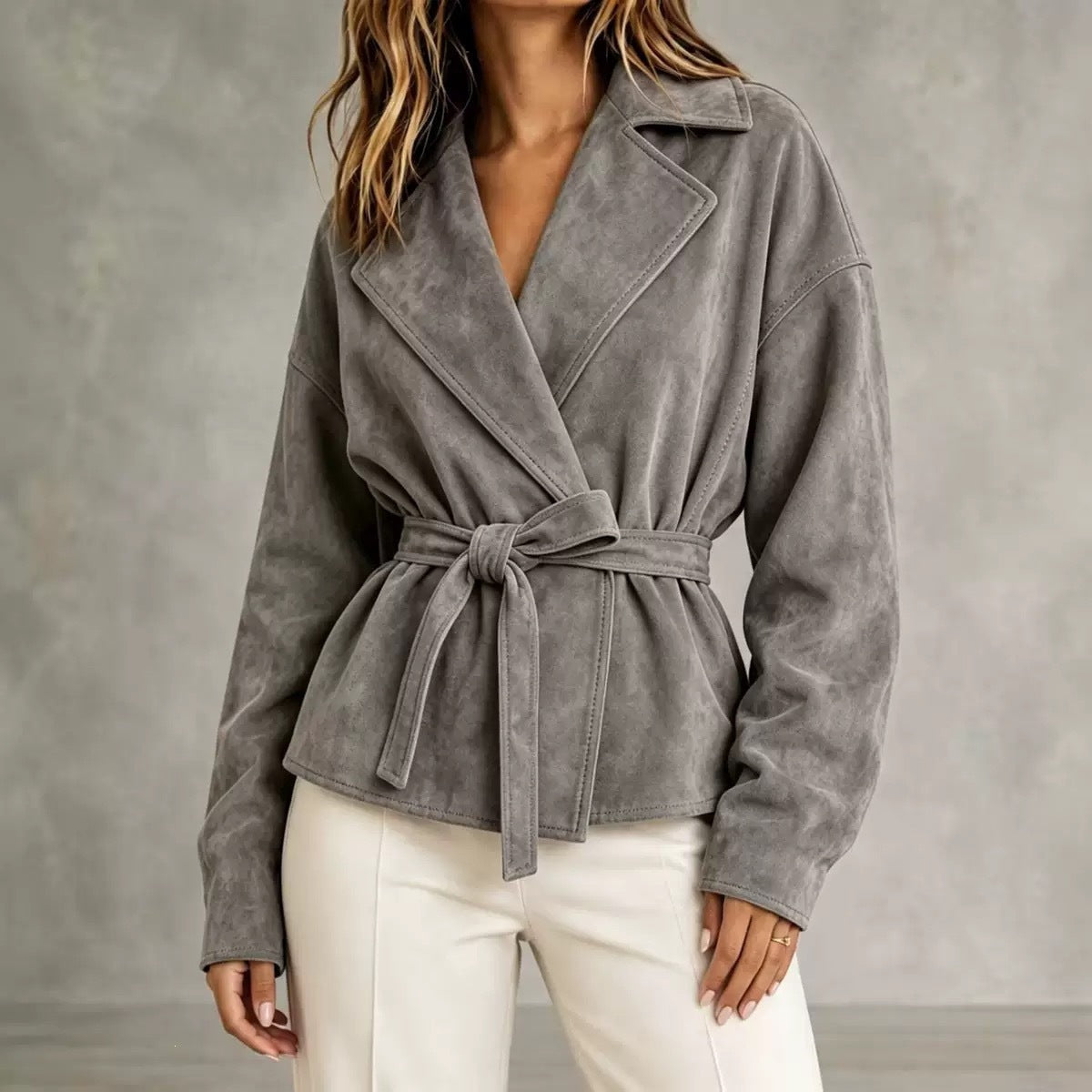 Lapel Suede Lace-Up Short Coat Loose Long Sleeve Jacket
