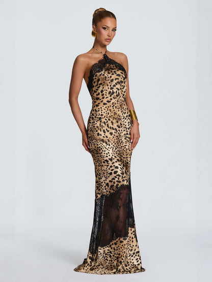 Leopard Print Stitching Lace Deep V Strap Fishtail Dress