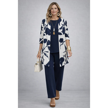 Womens Casual Printed Cardigan Long Sleeve Top and Pants Set