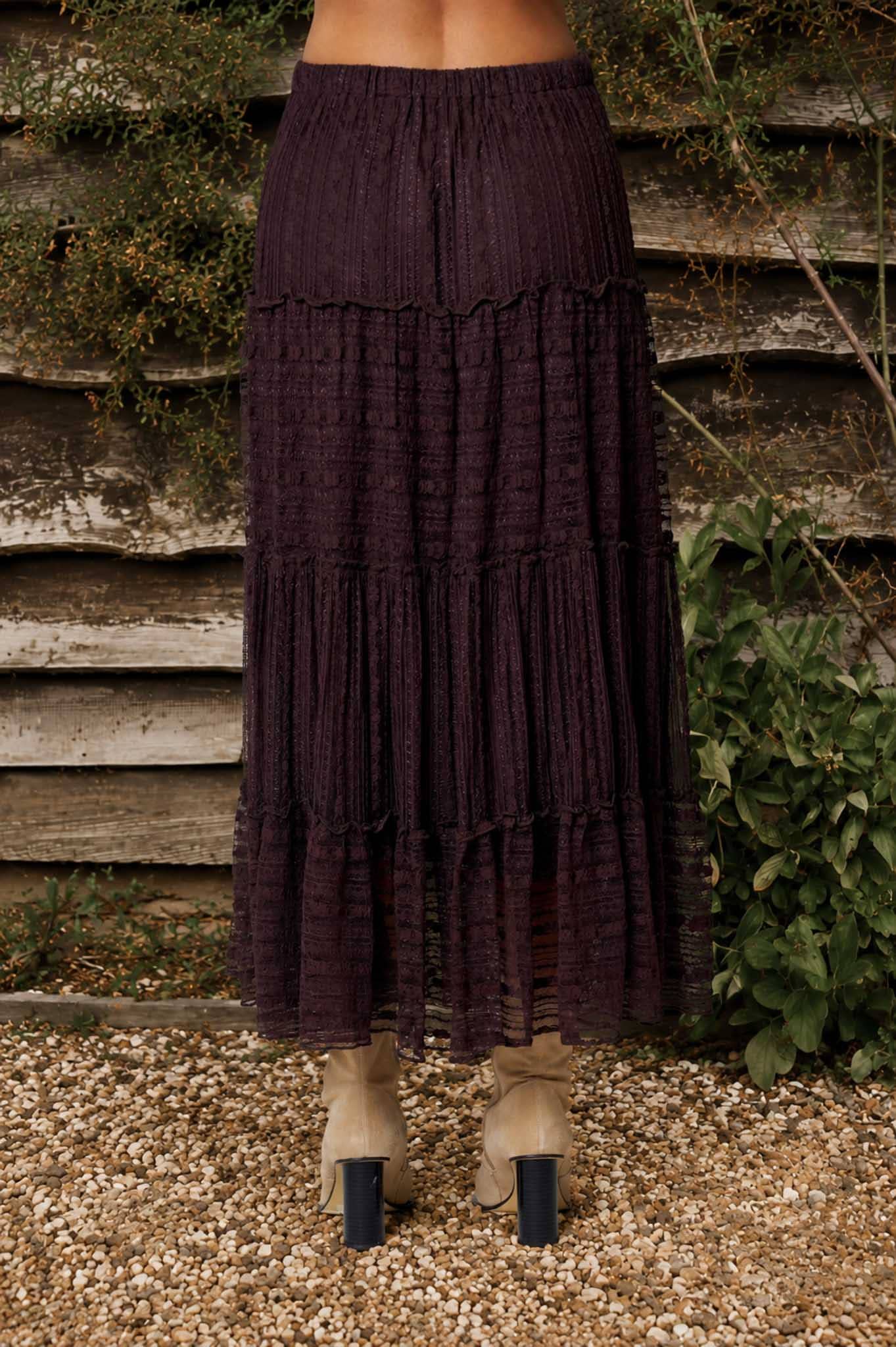 TEXTURED STRIPE RUFFLE TIERED MIDI SKIRT : CHOCOLATE BROWN
