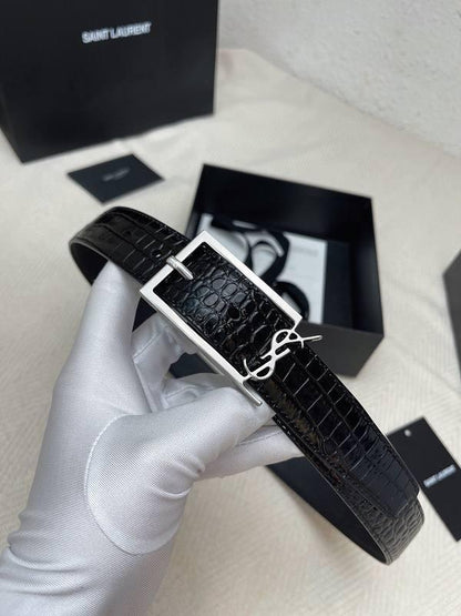 Saint Laurent Classic Monogram Square Buckle Belt Crocodile Embossed Leather