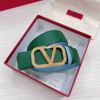 Valentino V logo Hammered Buckle Reversible Wide Signature Belt &