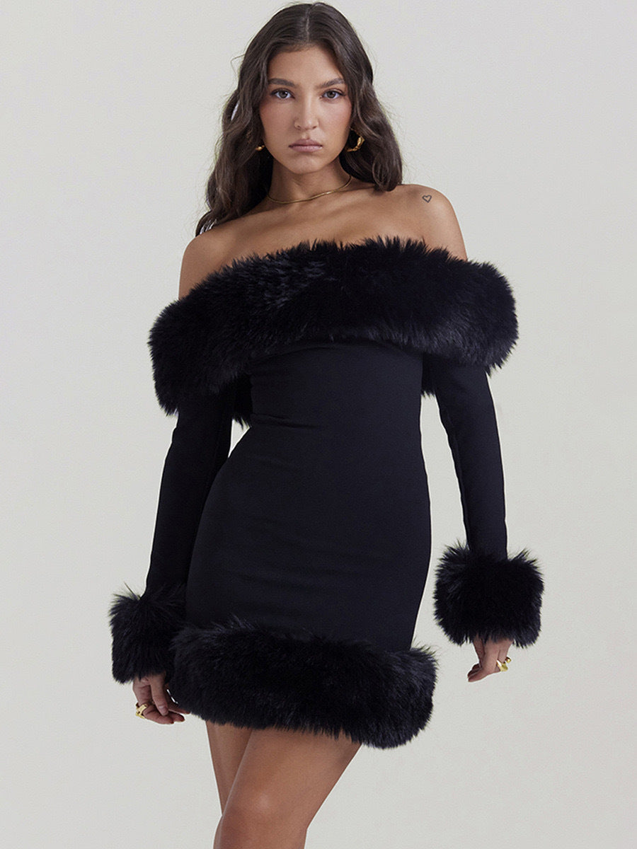 high temperament plush long sleeve off-shoulder autumn and winter backless Sexy Slim solid color hot girl hip skirt