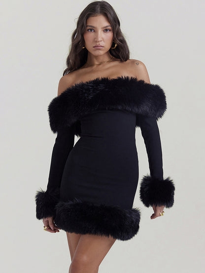 high temperament plush long sleeve off-shoulder autumn and winter backless Sexy Slim solid color hot girl hip skirt