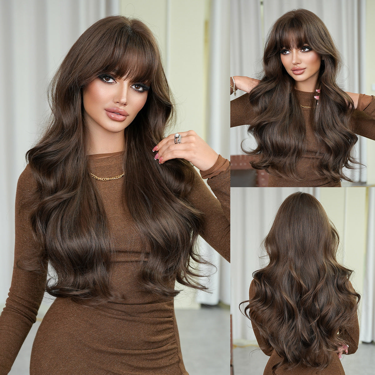 Long wavy hair with a natural topdoe of synthetic wig with a front fringe