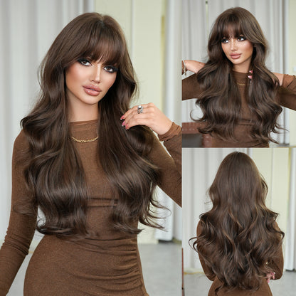 Long wavy hair with a natural topdoe of synthetic wig with a front fringe