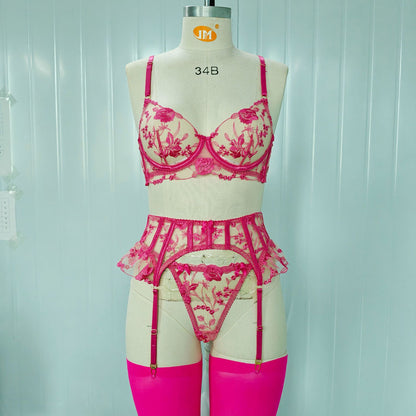Floral Embroidery Lingerie Set with Garter Belt