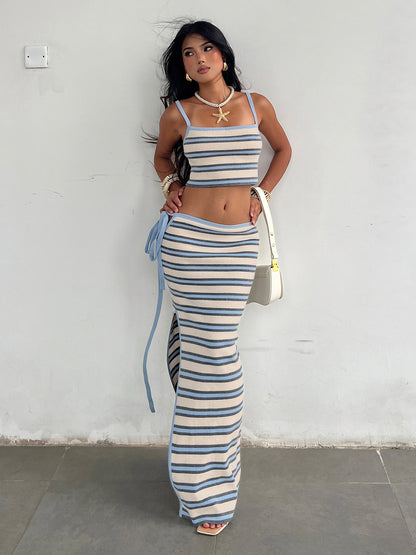American Style Casual Vacation Style Knitted Striped Dress Suit