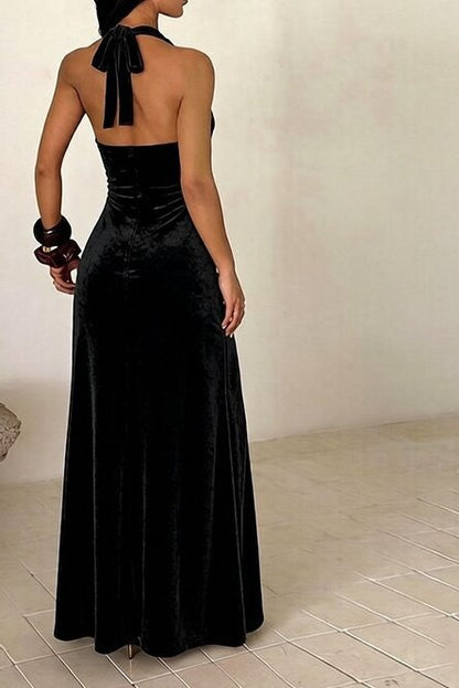 Neck-baring tight-fitting, waist-shrinking, slit-bottomed dress formal gown