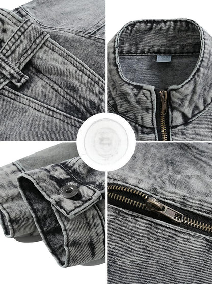 Retro Heavy-Duty Denim Jacket with Stand Collar