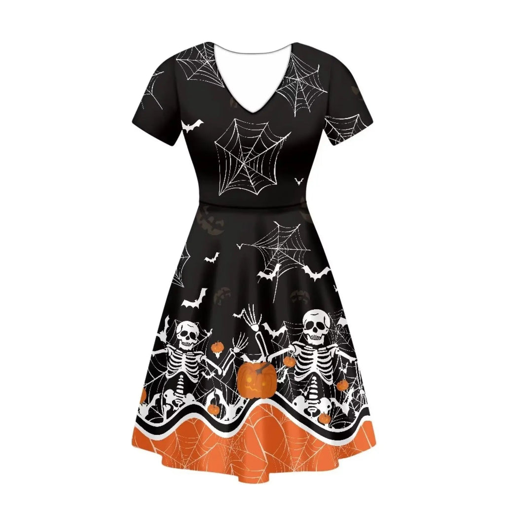 Xpyiqun Halloween skull skeleton dress women with spooky spiderwebs and pumpkin design, perfect for casual summer festivities.
