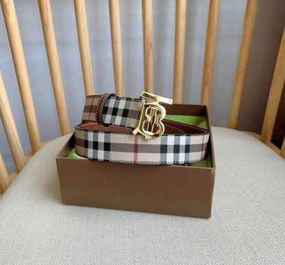Burberry TB Belt: E-Canvas &amp; Leather Vintage Check Monogram Buckle