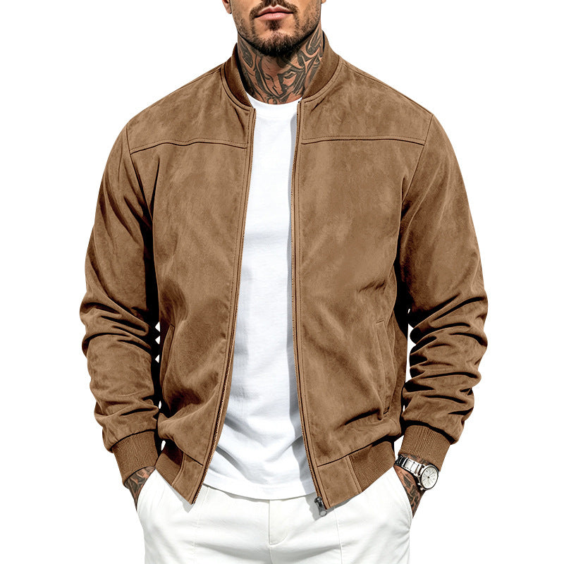 Mens Suede Stand Collar Bomber Jacket