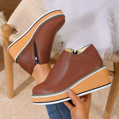 Womens Wedge Heel Ankle Boots Side Zipper Pointed Toe Comfortable Short Boots