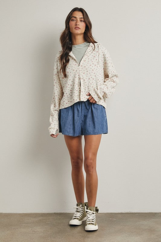 Floral Waffle Knit Hooded Jacket: Cream/Rose