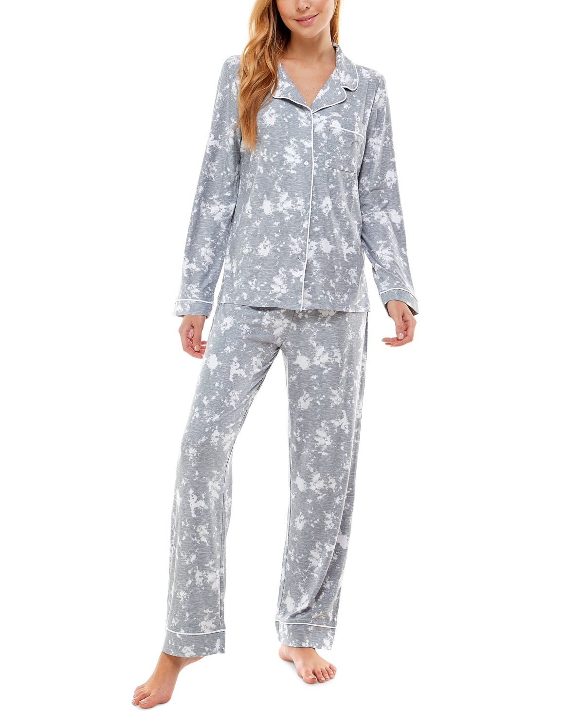Roudelain Printed Notch-Collar Top &amp; Pants Pajama Set