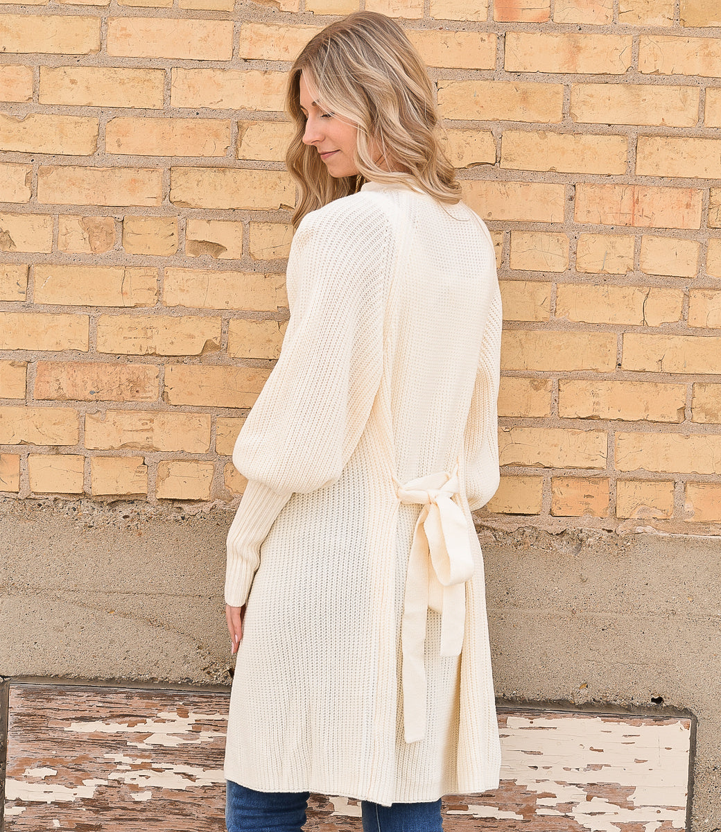 Solid Color Open Front Cardigan with Tie - Apricot
