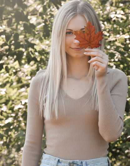Collared V Neck Sweater Top - Taupe