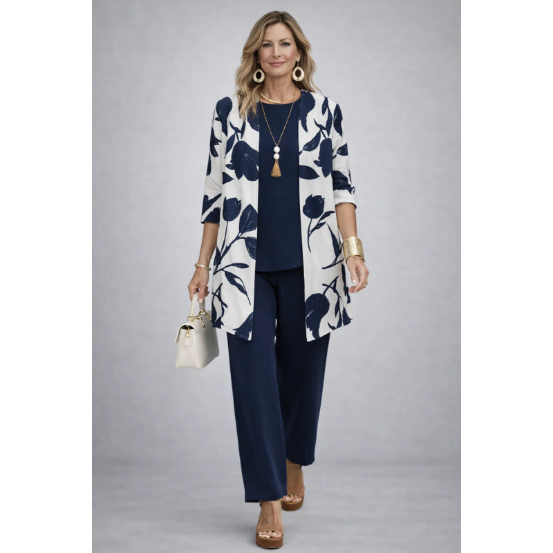 Womens Casual Printed Cardigan Long Sleeve Top and Pants Set