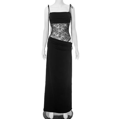 Women Summer Solid Color Lace Splicing Strap Dress