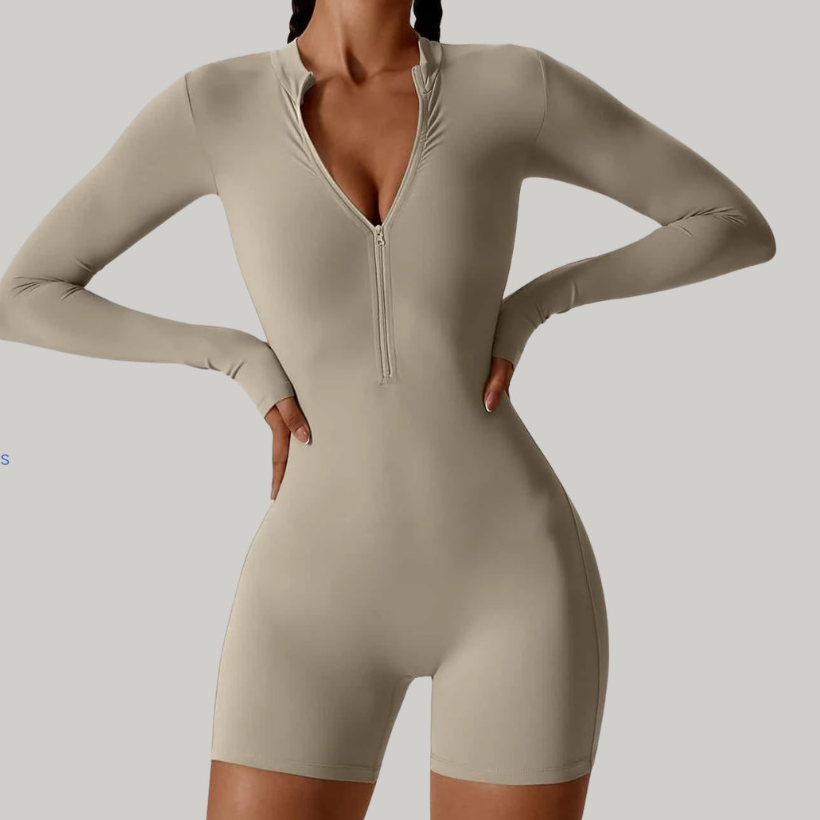 Jumpsuit Long-Sleeved Shorts with Open Collar and Zip-Up Sportswear Leggings