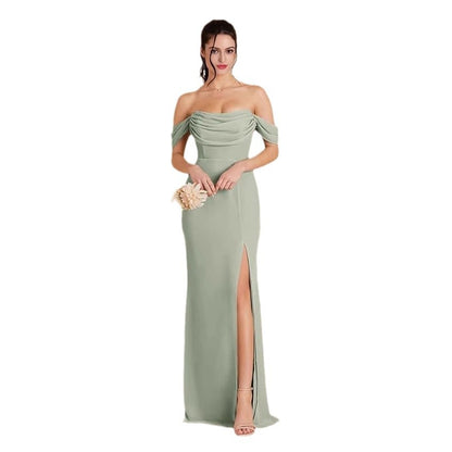 Convertible Off-Shoulder Long Evening Gown with Slit