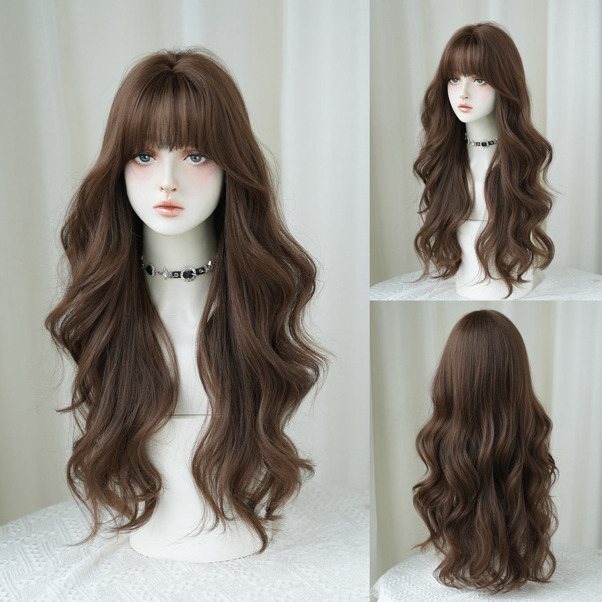 Long wavy hair with a natural topdoe of synthetic wig with a front fringe