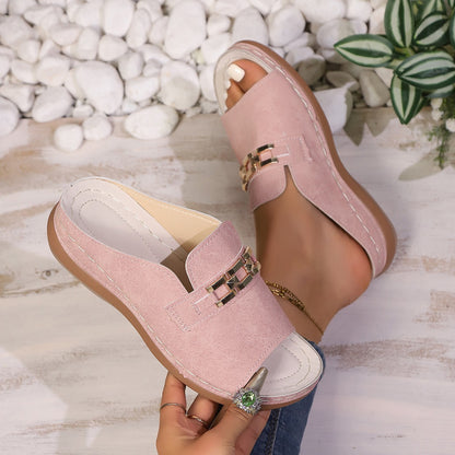 wedge-heeled thick-soled sandals with metal decoration, Roman-style peep-toe beach sandals
