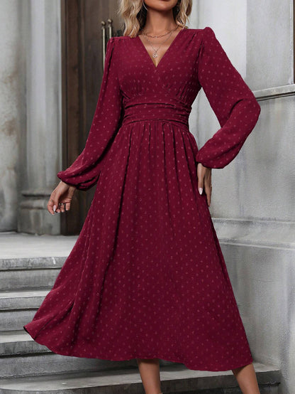 medium fur ball diagonal collar lantern sleeve pleated waist dress