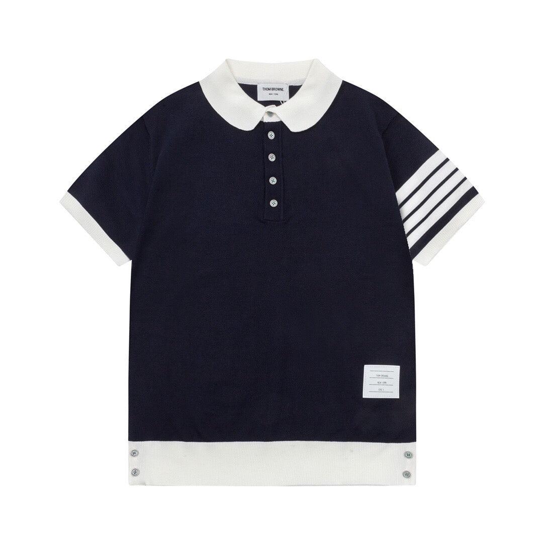 Thom Browne Navy Blue &amp; White T-Shirt with Collar