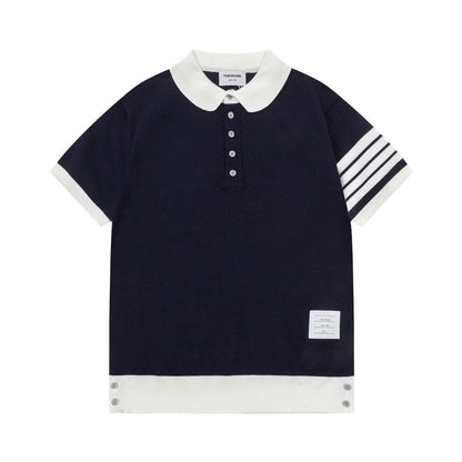 Thom Browne Navy Blue &amp; White T-Shirt with Collar