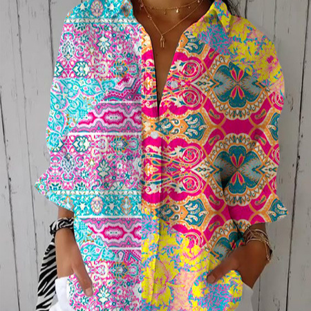Floral Print Long Sleeve Womens Lapel Cardigan Shirt