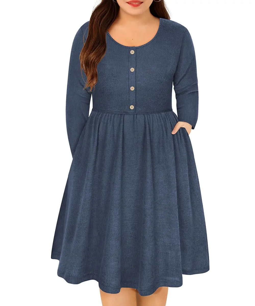 RITERA Womens Plus Size Long Sleeve Sweater Dress in blue, knee-length with pockets and button down design.