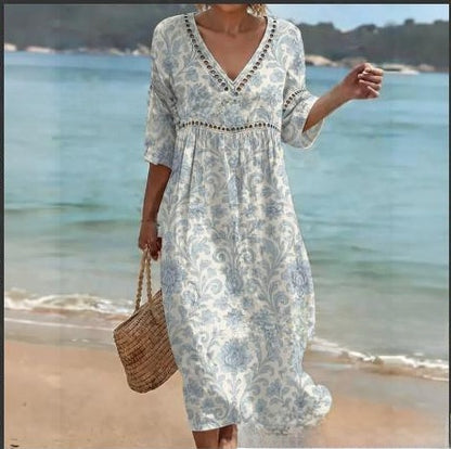 Women Summer Bohemian Lantern Sleeve Long Dress