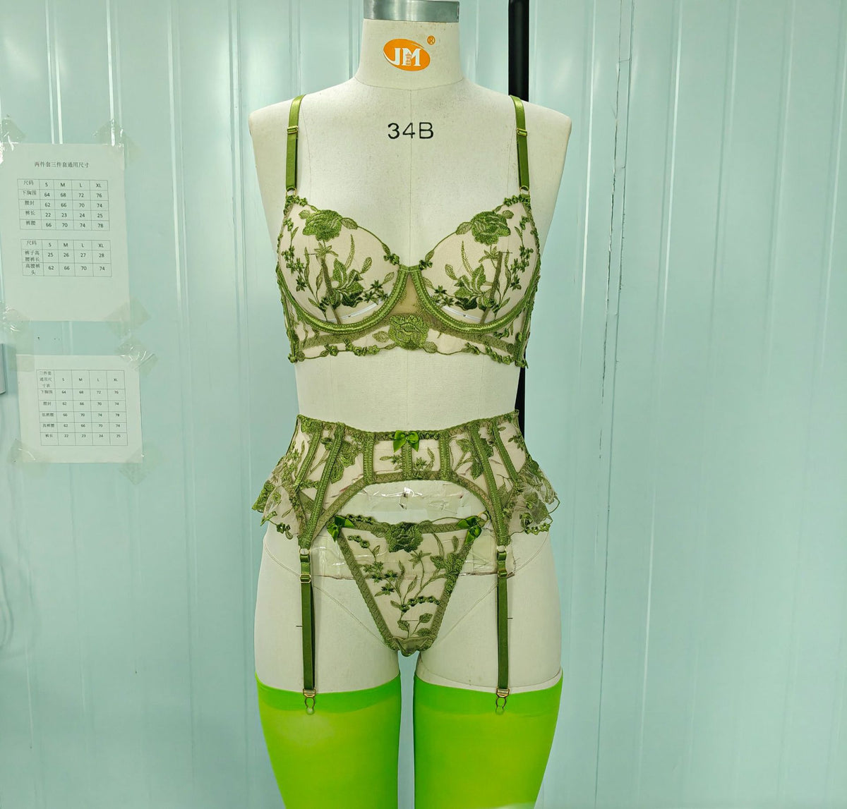 Floral Embroidery Lingerie Set with Garter Belt