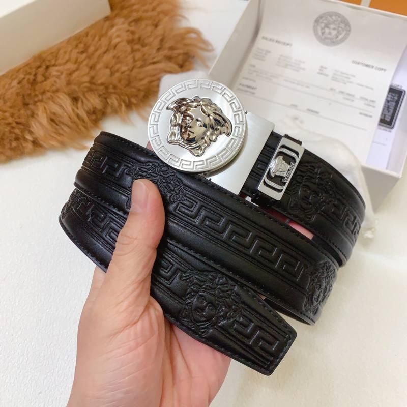 Versace Black Leather Vitello Belt Silver Medallion Buckle