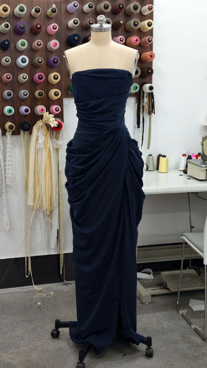 Sexy Slit Ruched Waist Strapless Long Dress