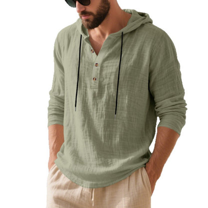 Mens Hooded Linen Long Sleeve T-Shirt