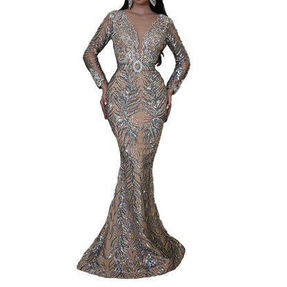 Long Sleeve Sexy Fishtail Evening Dress Bronzing Slim Fit Floor-Length Dress