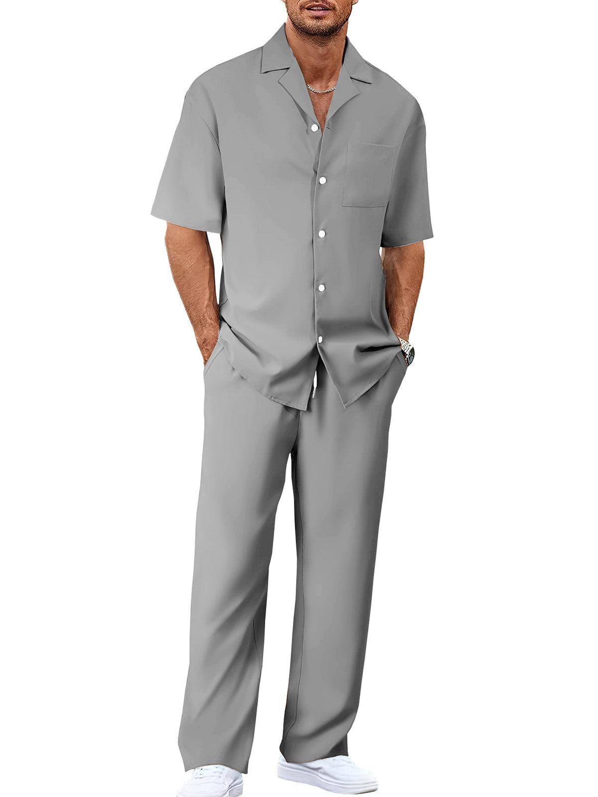 Mens Casual Two Piece Suit Loose Fit Short Sleeve Shirt and Trouser Set