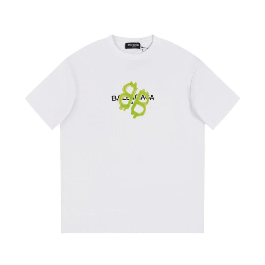 Balenciaga White &amp; Green T-Shirt Without Collar