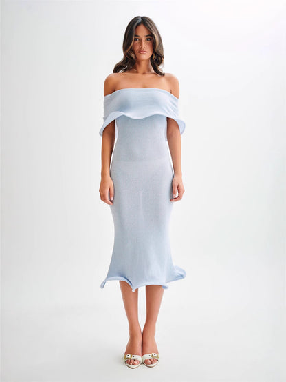 Off-Shoulder Knit Dress with Ruffled Hem