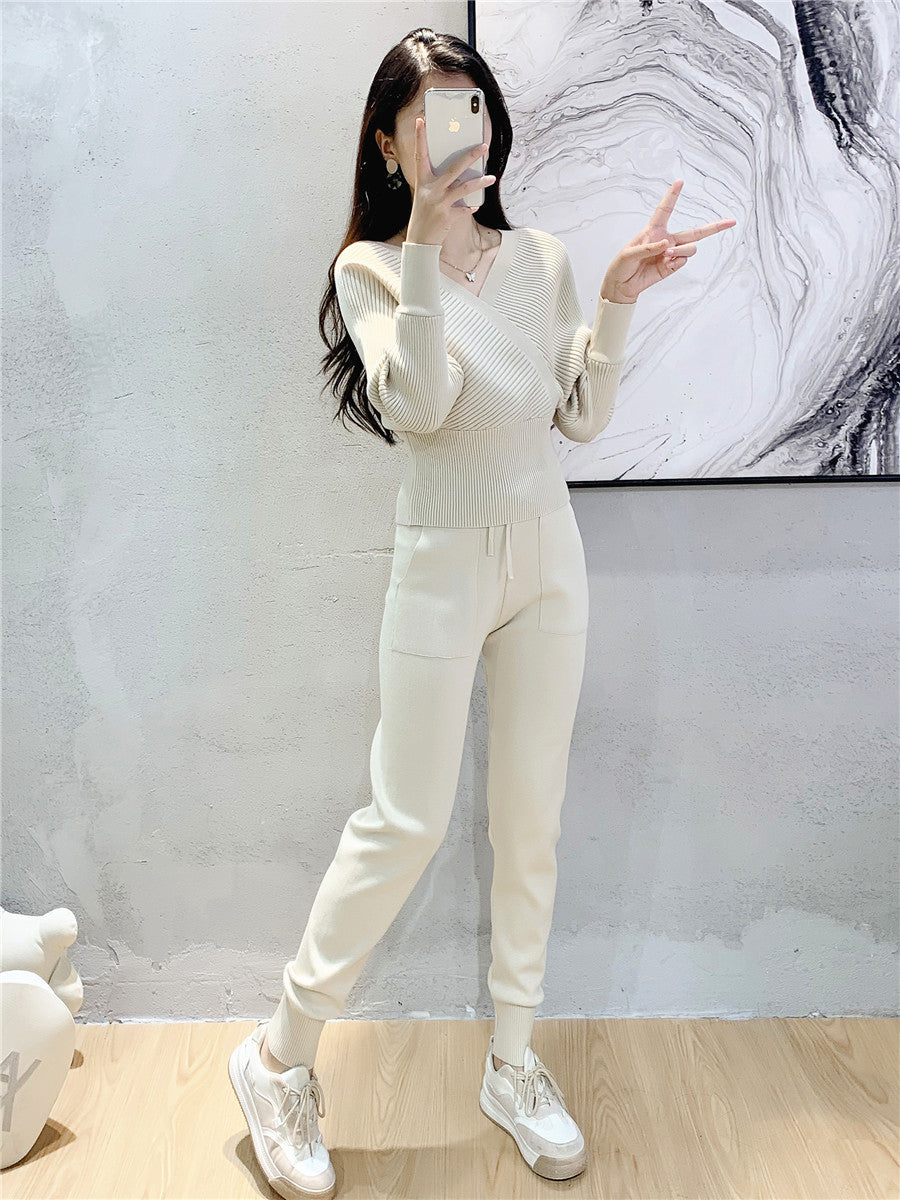 Women Double V Neck Off Shoulder Knitted Two Piece Suit